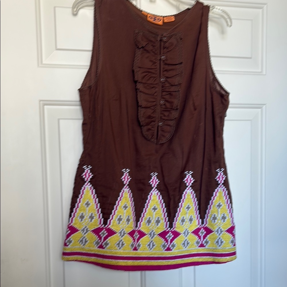 Brown Sleeveless Top with Embroidered Hem